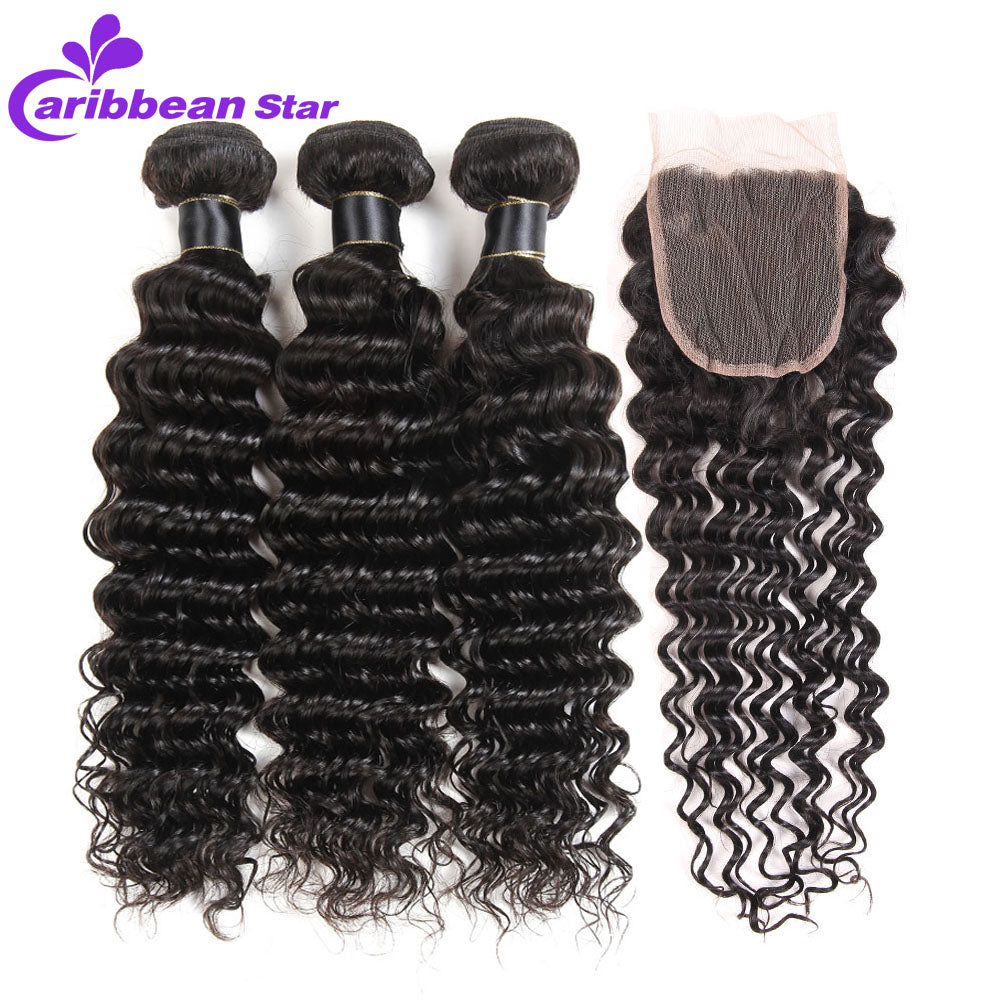 Deep Wave Human Hair 3 Bundles With Lace Closure