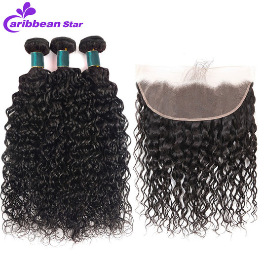 Brazilian Water Wave Wet And Wavy Hair Weave Bundles With Lace Frontal Closure