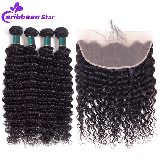 Deep Wave Human Hair 3 Bundles With Lace Frontal