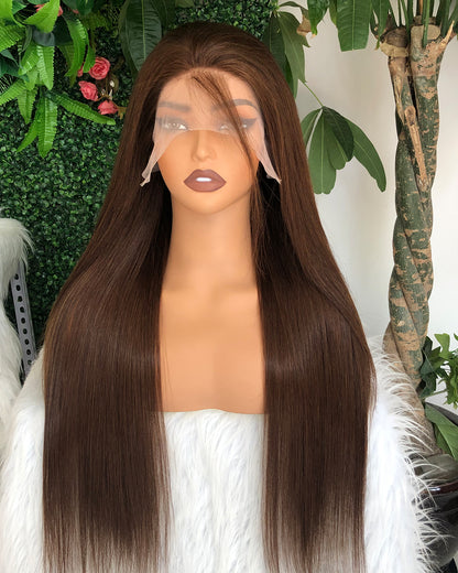 HD Transparent Chocolate Brown Silky Straight Lace Frontal Wig Preminum Hair 13x4 13x6 Frontal Wigs Human Hair