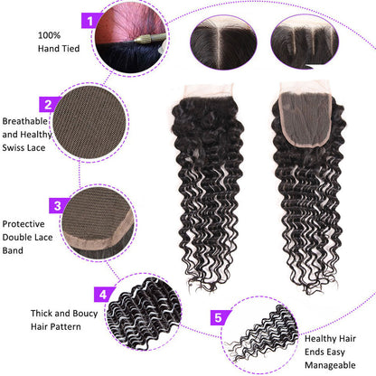 Deep Wave Human Hair 3 Bundles With Lace Closure
