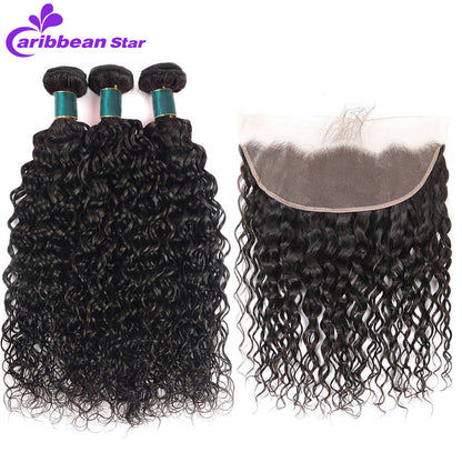 Brazilian Water Wave Wet And Wavy Hair Weave Bundles With Lace Frontal Closure