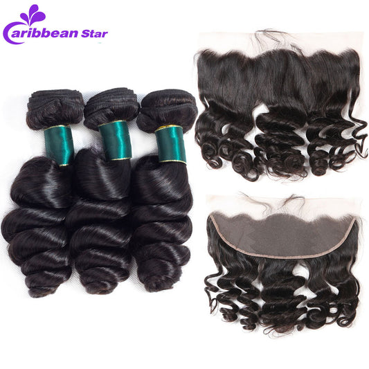 Brazilian HairLoose Wave Human Hair Weave Bundles With Frontal