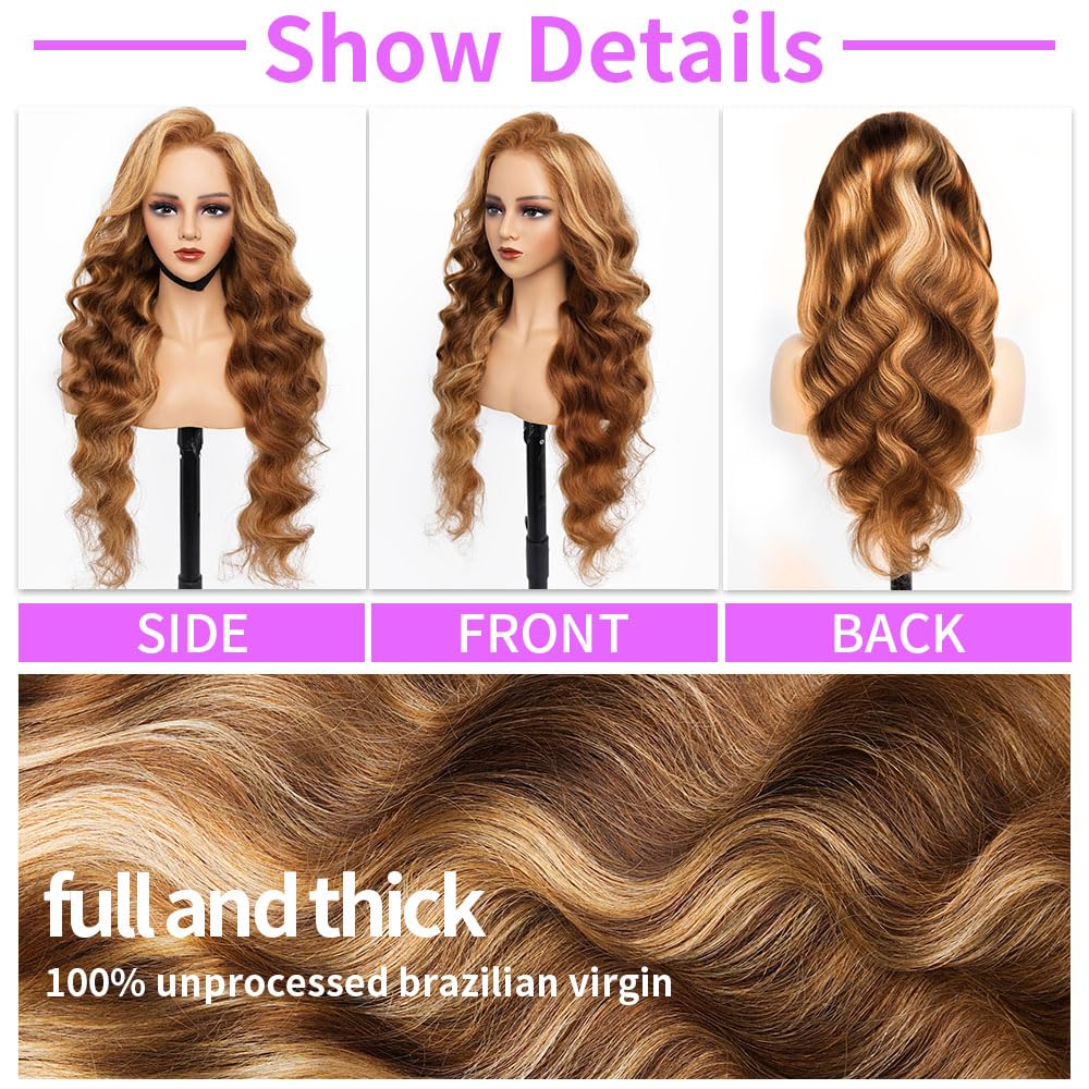 HD Transparent Body Wave Lace Frontal Wig 4/27 Highlighted Preminum Hair 13x4 13x6 360 Frontal Wigs Human Hair